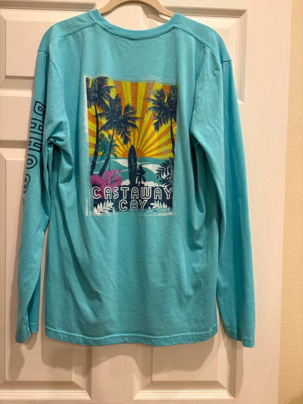 Disney Cruise  Castaway Turquoise Long Sleeve t-shirt with Tropical Back Graphic